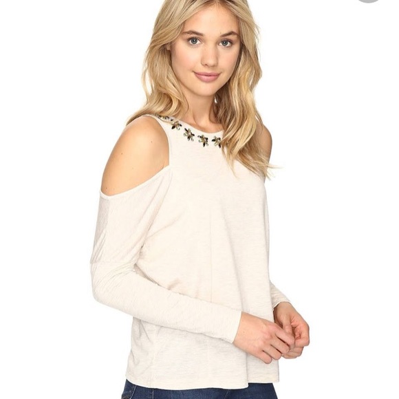Romeo Juliet Cold Shoulder Top Shirt Blouse Small Beaded Neutral Color Outmeal - Picture 4 of 8